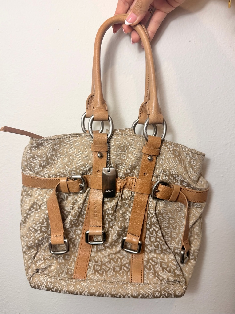 Vintage DKNY Monogram Canvas Leather Shoulder Bag Y2K Buckle Purse